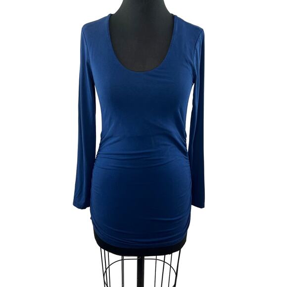 Isabella Oliver Maternity Top Blue Stretch Scoop Neck Long Sleeve Ruched Sz 1(4) - Picture 1 of 10